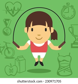 Cute sporty girl jumping with skipping rope. Creative flat style design illustration. Sport training, healthy food, sport awards symbols. Isolated on trendy background with sport equipment pictograms
