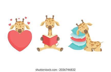 Cute Spotted Baby Giraffe with Long Neck Sleeping on Pillow and Reading Book Vector Set