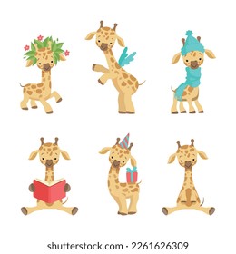 Cute Spotted Baby Giraffe with Long Neck Engaged in Different Activity Vector Set