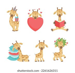 Cute Spotted Baby Giraffe with Long Neck Engaged in Different Activity Vector Set