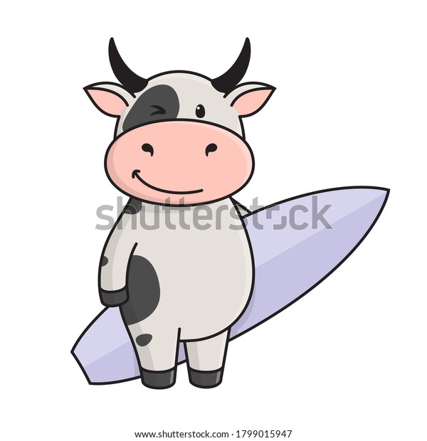 サーフボードを持つかわいいブルか牛 サーフィン 丑は21年の東暦の年の象徴である 白い背景にベクター画像素材のフラットイラスト のベクター画像素材 ロイヤリティフリー