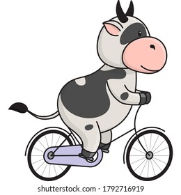 A cute spotted bull or cow rides a Bicycle, does sports. The Ox is a symbol of the New year 2021 according to the Eastern calendar. Vector stock flat illustration isolated on a white background.