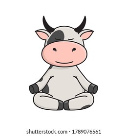 A cute spotted bull or cow is sitting in the Lotus position, doing yoga. The Ox is a symbol of the New year 2021 according to the Eastern calendar. Vector stock flat illustration isolated on a white