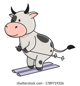 Cute spotted bull or cow skiing, sports. The Ox is a symbol of the New year 2021 according to the Eastern calendar. Vector stock flat illustration isolated on a white background.