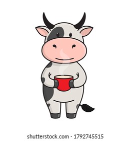 Cute spotted bull or cow stands and holds a Cup of hot tea or coffee. The Ox is a symbol of the New year 2021 according to the Eastern calendar. Vector stock flat illustration isolated on a white 