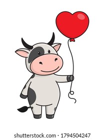 Cute spotted bull or cow stands and holds red heart-shaped balloon in its hand. The Ox is symbol of  New year 2021 according to the Eastern calendar. Vector stock flat illustration isolated on white