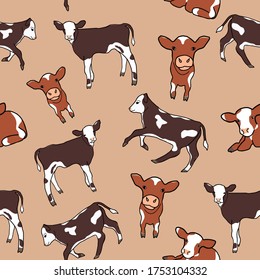 Cute spotted calf or cows background. Seamless pattern with little cartoon cows. Great for children's book, wallpaper, fabric, card, packaging design.