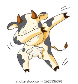 Cute spotted cartoon cow is standing in a dub pose. Cool cow dancer. Children's illustration isolated on a white background.