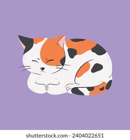 Dibujo de vector plano aislado de gato con manchas de corte. Adorable animal felino, un bonito gatito limpio se sienta con los ojos cerrados., diseño para web, tarjeta de saludo, banner, pegatina. 