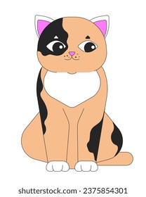 Cute spotted cat looking sideways 2D linear cartoon character. Curious feline pet sitting isolated line vector animal white background. Side eye kitten domestic color flat spot illustration