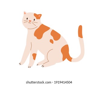 Cute spotted cat sitting with raised tail. Funny kitten with friendly smile isolated on white background. Colored flat cartoon vector illustration