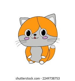 Cute spotted cat sitting with raised tail. Funny kitten with friendly smile isolated on white background. Colored flat cartoon vector illustration