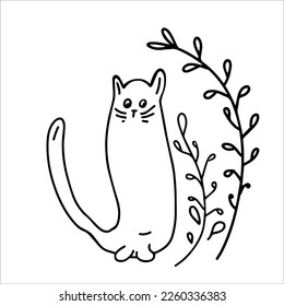 Un lindo gato manchado está sentado bajo ramas con hojas. Doodles dibujados a mano con vectores en blanco y negro. Plantilla, diseño de libro de coloreado, clipart, logotipo, esbozo, icono.