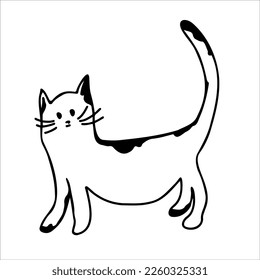 Cute spotted cat. Vector black and white hand-drawn doodles. Template, coloring book design, clipart, logo, sketch, icon.