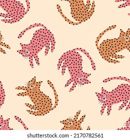 Cute spotted cats hand drawn vector illustration. Funny colorful pets in flat style seamless pattern for kids fabric or wallpaper.