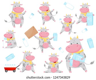 Cute spotted cow in different situations set, funny farm animal cartoon character with milk vector Illustration on a white background