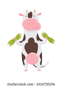 Cute spotted cow eating grass, funny farm animal cartoon character vector Illustration on a white background.