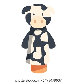 Cute spotted cow hand puppet standing on white background