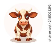 Cute spotted cow on a white background. Cute bull, front view. Farm agriculture animal. Children's illustrations in flat cartoon style. Vector