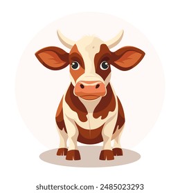 Cute spotted cow on a white background. Cute bull, front view. Farm agriculture animal. Children's illustrations in flat cartoon style. Vector