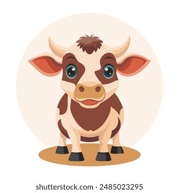 Cute spotted cow on a white background. Cute bull, front view. Farm agriculture animal. Children's illustrations in flat cartoon style. Vector