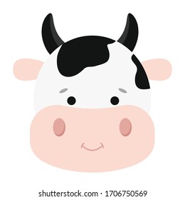 Cute spotted cow smiling face vector icon isolated on white background. Flat cartoon design funny farm animal head illustration.  