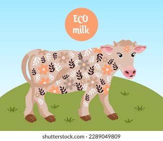 Cute spotted cow with tag Eco milk. Children's illustration in flat style, vector