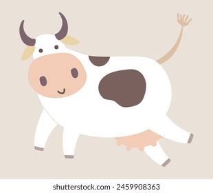 Cute spotted cow with udder in flat design. Domestic animal livestock farm. Vector illustration isolated.