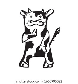 Cute spotted cow. Vector illustration in line art style. Hand drawn. On white background.
