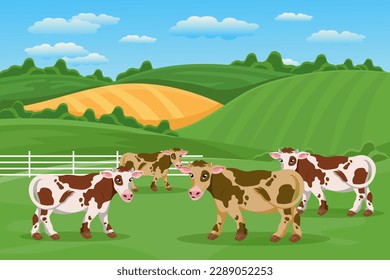 Cute spotted cows in the pasture, summer landscape. A herd of cows is grazing in the meadow. Poster, banner, illustration, vector