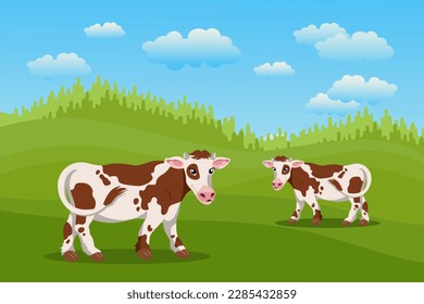 Cute spotted cows, summer landscape. A herd of cows is grazing in the meadow. Poster, banner, illustration, vector