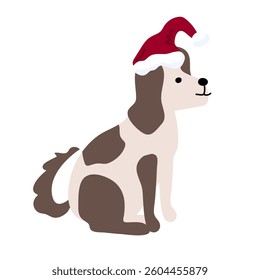 Cute spotted dog in a Santa Claus hat.