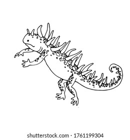 Cute spotted & horned lizard, fictional reptile, funny monster alien, vector illustration with black ink contour lines isolated on a white background in hand drawn style.