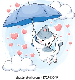 cute spotted kitten hanging on a blue umbrella and raining hearts