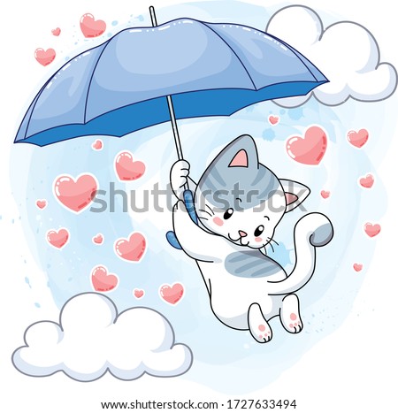 cute spotted kitten hanging on a blue umbrella and raining hearts