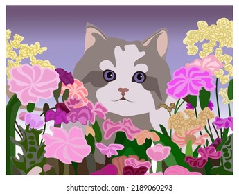 Cute spotted kitten is playing hiding in flowers and meadow grasses in nature. Color image for printing, children's books, cover, wallpaper, pictures, postcards, flyers, greetings, decoration