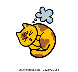Cute spotted kitten sleeping sweetly and dreamong. Vector illustration of funny domestic pet. Isolated on white background.