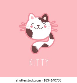 Cute spotted kitty, girly print for t-shirt, sticker. Isolated vector illustration on a pink background.