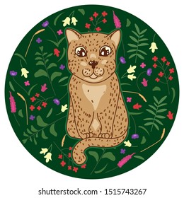 cute spotted leopard kitten with abstract tropical flowers, leaves and plants on green background 