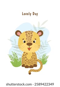 Cute spotted leopard in savanna. Vector flat style illustration for birthday invitation, cards and stickers.