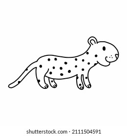 Cute spotted leopard. Vector doodle illustration. African animal. Coloring book for kids.