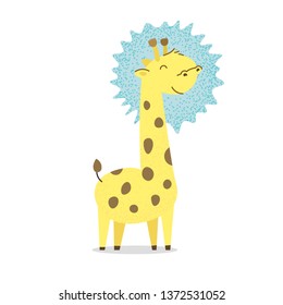 Cute spotted little giraffe smiles. Kawaii baby giraffe reaches for the sun. Above all, above the stars. Savannah, Africa. Flat hand drawn illustration kid's poster. Cartoon animal character set. 