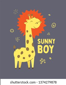 Cute spotted little giraffe smiling. Text Sunny boy. Animal kingdom set. Super-kawaii and adorable animals. Cartoon character and lettering. Flat illustration for kid's poster, t-shirt and other art.