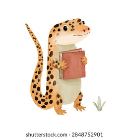 Cute spotted lizard character reading book for education