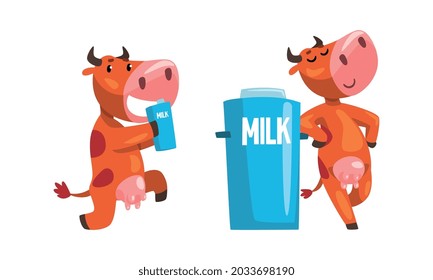 Cute Spotted Milk Cow with Udder Carrying Carton of Milk and Standing Near Can Vector Set