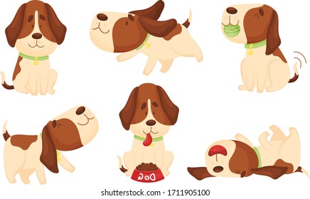 Cute Spotted Puppy Wriggling the Tail and Running Vector Set