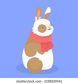 Cute spotted rabbit with scarf in cartoon style isolated on the background. Vector Christmas illustration. 2023 is the new year of the rabbit.