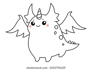 Cute spotted winged dragon. Black and white doodle vector illustration, isolated on a white background. Children character design for coloring book, card, print on t-shirt, bag, notebook.