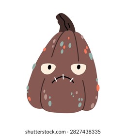 Cute spotted zombie pumpkin with stitched mouth, whimsical Scandinavian minimalist Halloween character illustration