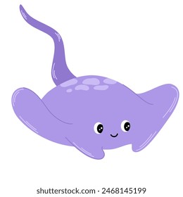 Cute spotty stingray with tail. Marine ray fish isolated on white background. Childish colored flat vector illustration of sea creature with stinger